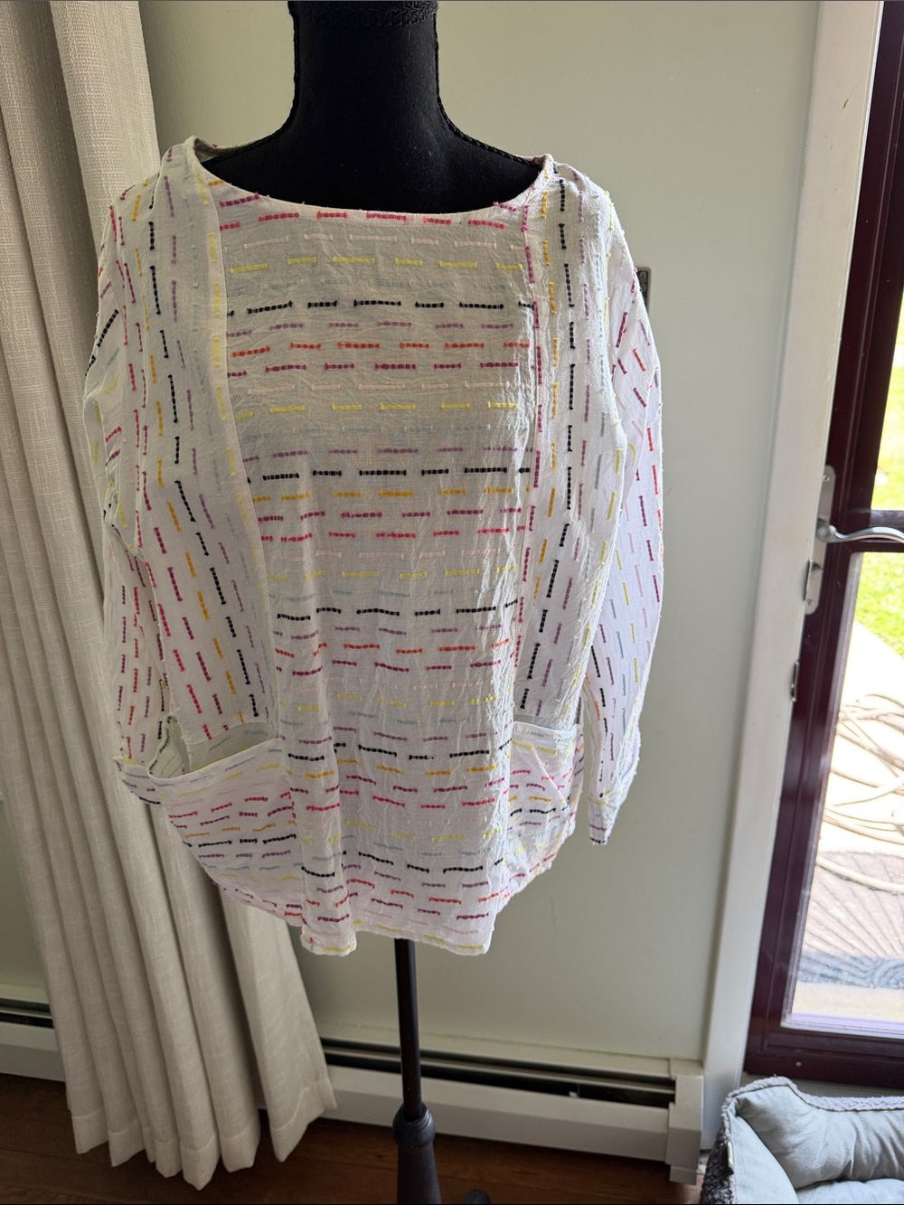 Erika White Textured Tunic with Multicolor Stitching NWOT